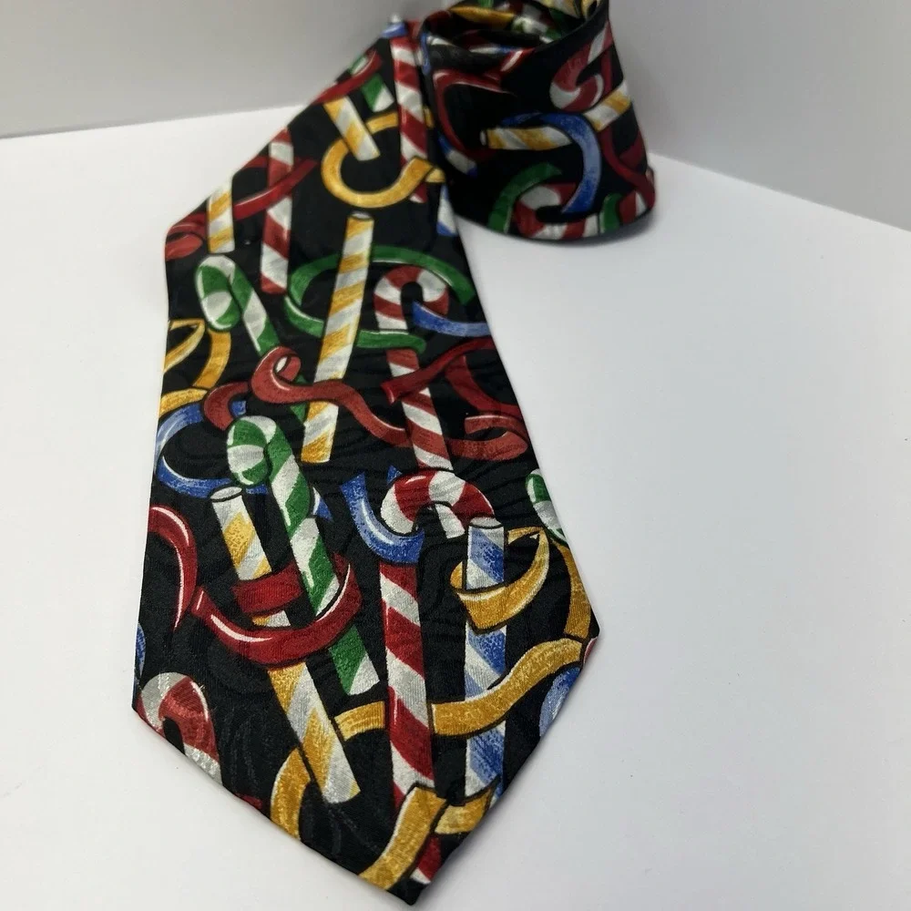 Golden House Necktie Christmas Colorful Candy Canes Black Background 57